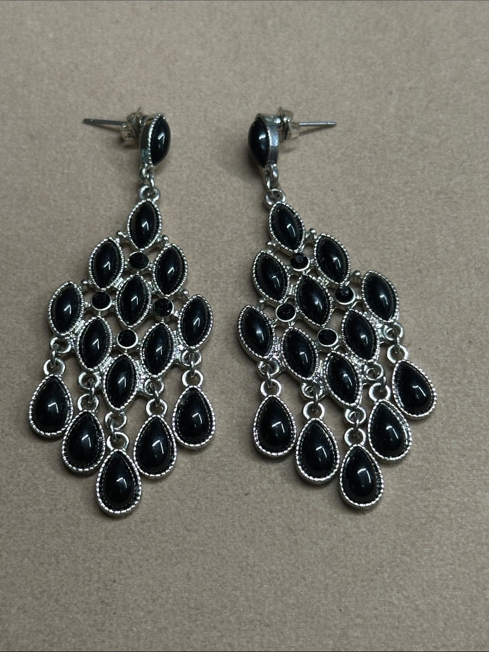 Black Chandelier Earrings Dangle - night out date formal dance prom silver tone